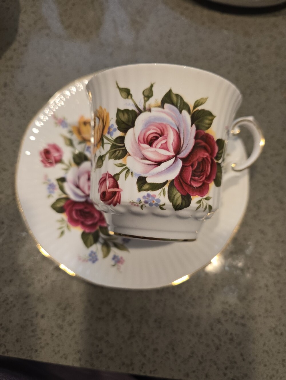 Classic Floral Teacup and Saucer Set in White with Pink Rose Motif